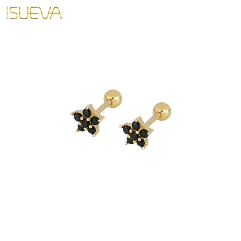 

ISUEVA Glod Plated Stud Earrings for Women Fashion Piercing Exquisite Black Zircon Flower Earrings 2023 Jewelry Wholesale