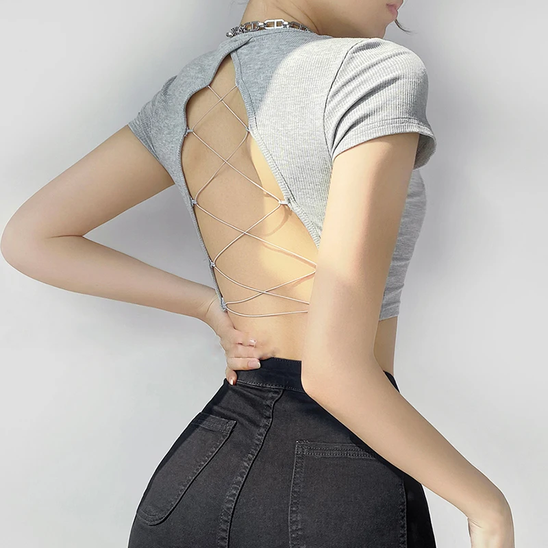 Women's O-neck Backless T-shirt Short Sleeve Solid Color Crop Top Summer Cute Baby Tee Y2K Clothes Skinny Tunics Fashion Tops