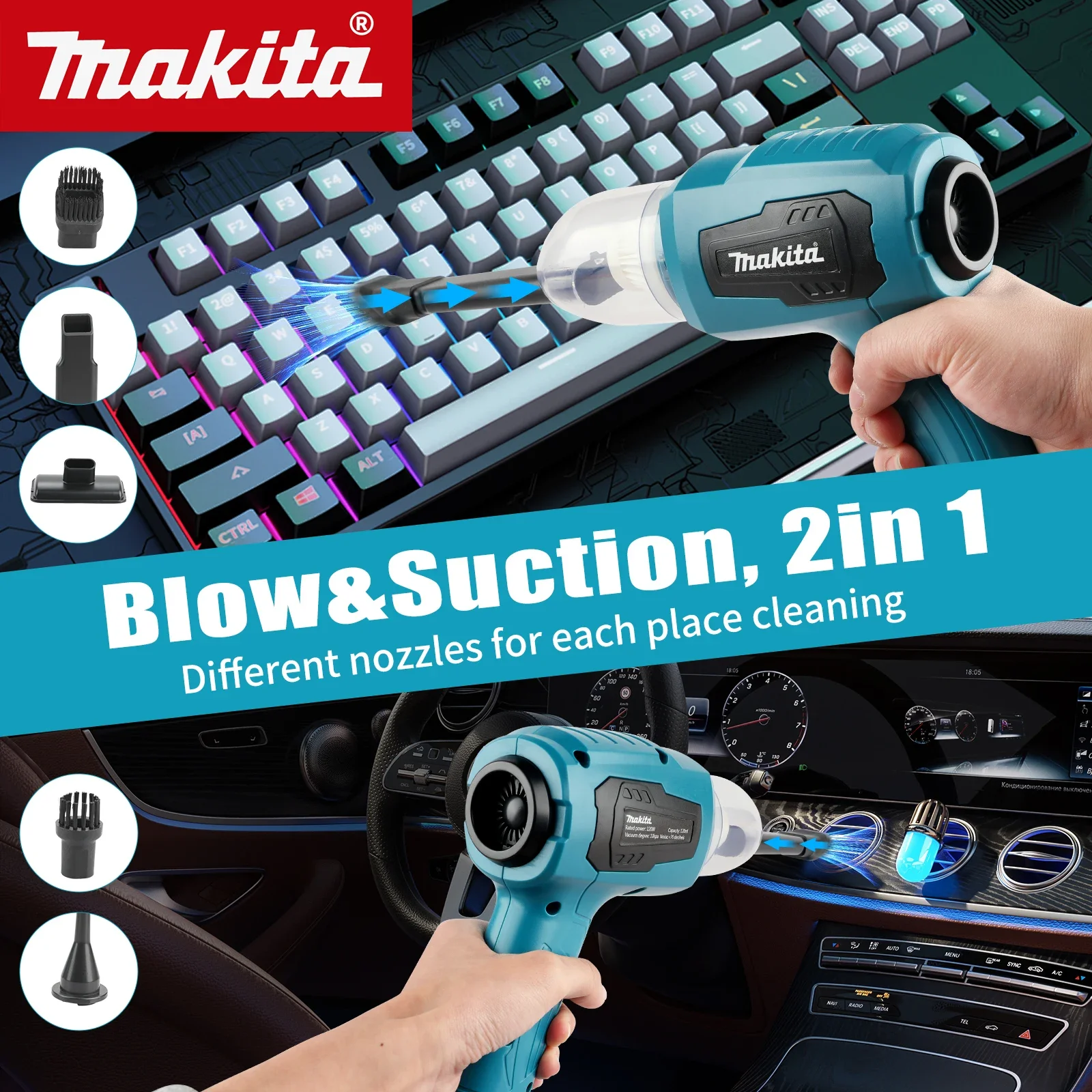 마키타 무선 진공청소기: 200W, 10000Pa, 180ML 18V 용량, 7개 노즐, 효율적인 자동차 및 작업 공간 청소 작업용