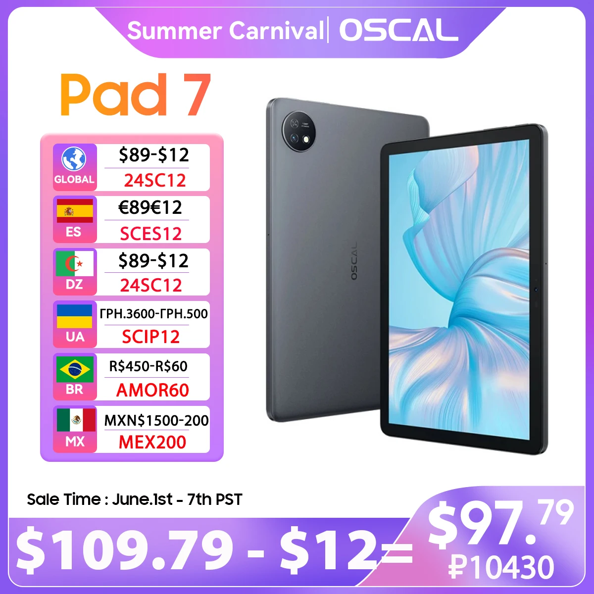 

OSCAL Pad 7 Tablet Android 14 10.1'' HD+ Display T606 Octa Core 4GB RAM 128GB ROM 6600mAh 13MP Camera 4G Blackview Tablets PC