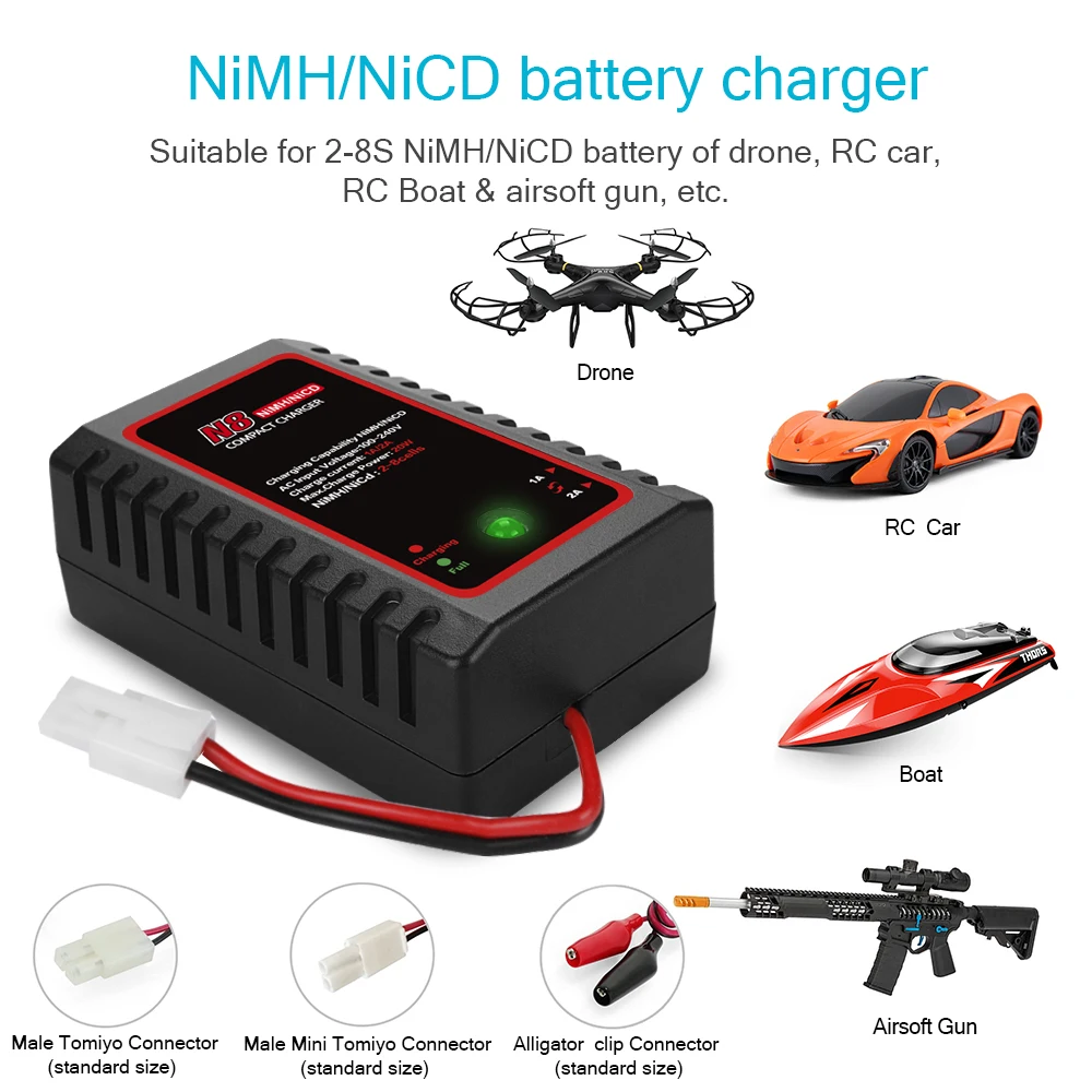 Chargeur RC N8 2A pour NiMH NiCd avec connecteurs et cordon UE