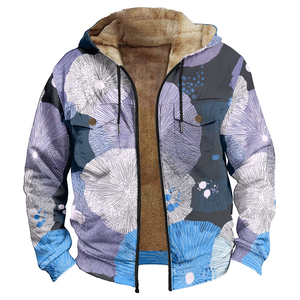 Hommes hiver géométrique feuille de palmier à pois vestes à capuche manteaux imprimer peluche épais chasse fermier Streetwear vêtements d'extérieur à la mode