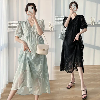 Sweet Summer Maternity Clothes Fashion Pregnancy Lace Dresses Short Sleeve O-Neck Loose Pregnant Woman A-Line Dress with Lining