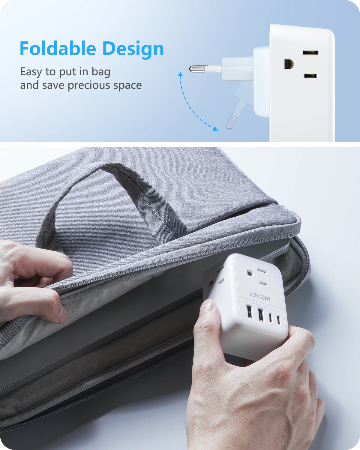 LENCENT US to EU Travel Adapter International Type-C Foldable Power Plug with 4 Outlets+2USB-A+2USB-C 5V/3A European Travel