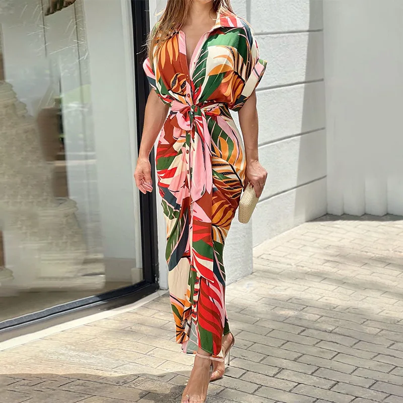 2025 Spring Summer New Women's Elegant Solid Color Wrinkled Lace-up Midi Dresses Female Fashion Print Button Lapel Shirt Dress 6