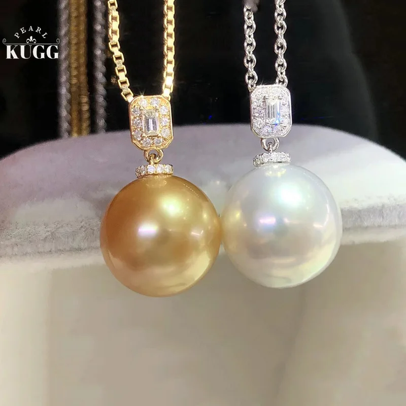KUGG PEARL 18K Solid Yellow Gold Necklace Natural South Sea Gold Pearl Pendant Australian White Pearl Diamond Jewelry for Women