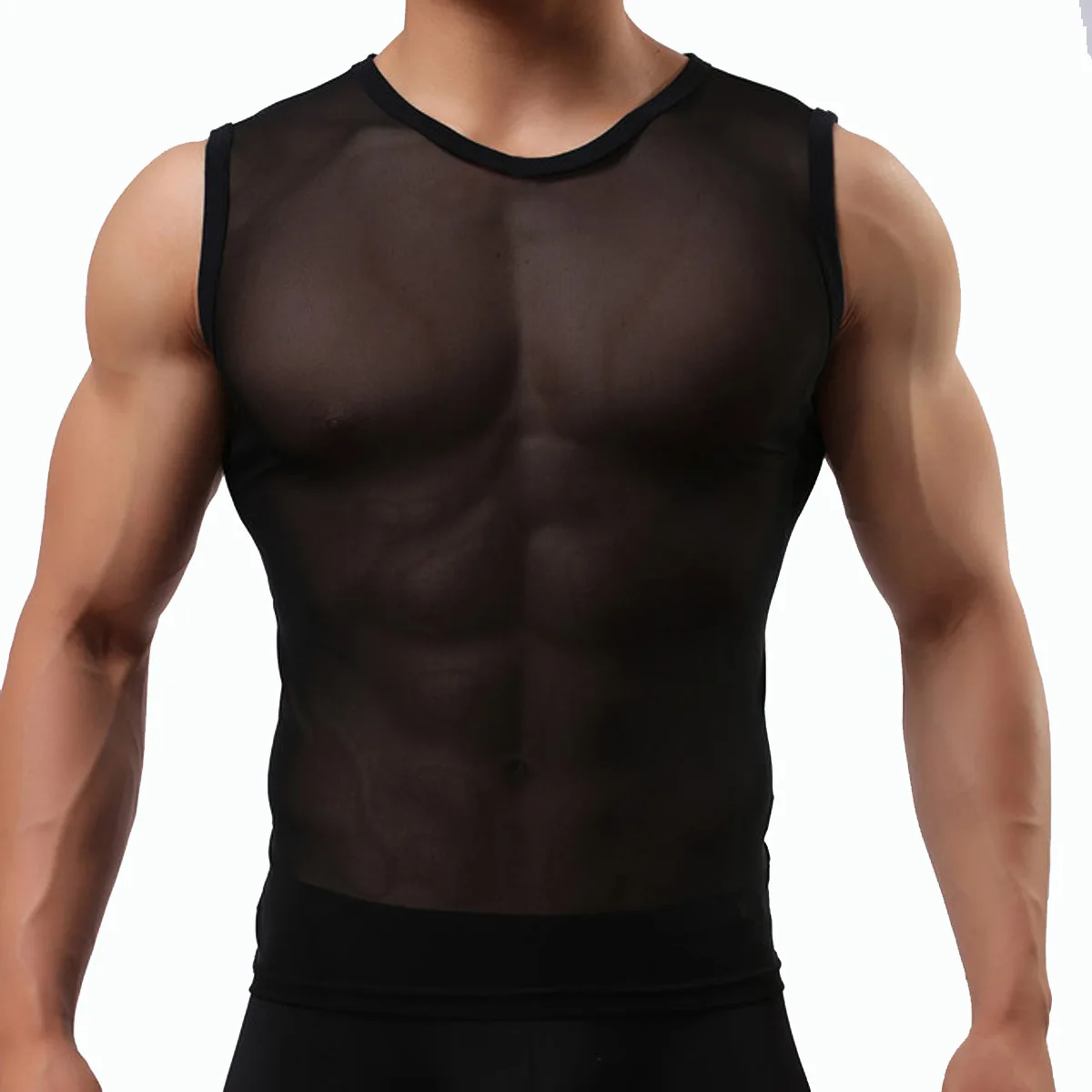 

Transparent Mesh Tank Tops Man Sexy Sleeveless Vest Breathable T-shirts Male See Through Tee Shirt Undershirts Muscle Singlets