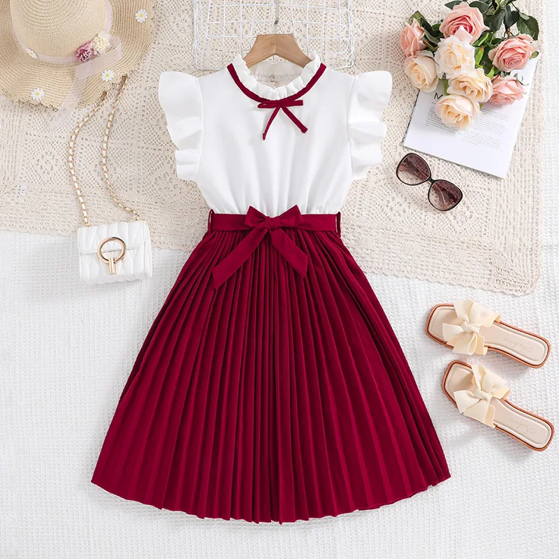 

7-15Y Summer Solid Color Fashion Children's Dress Flying Sleeve Round Neck Pleated Skirt Girls Casual Dress