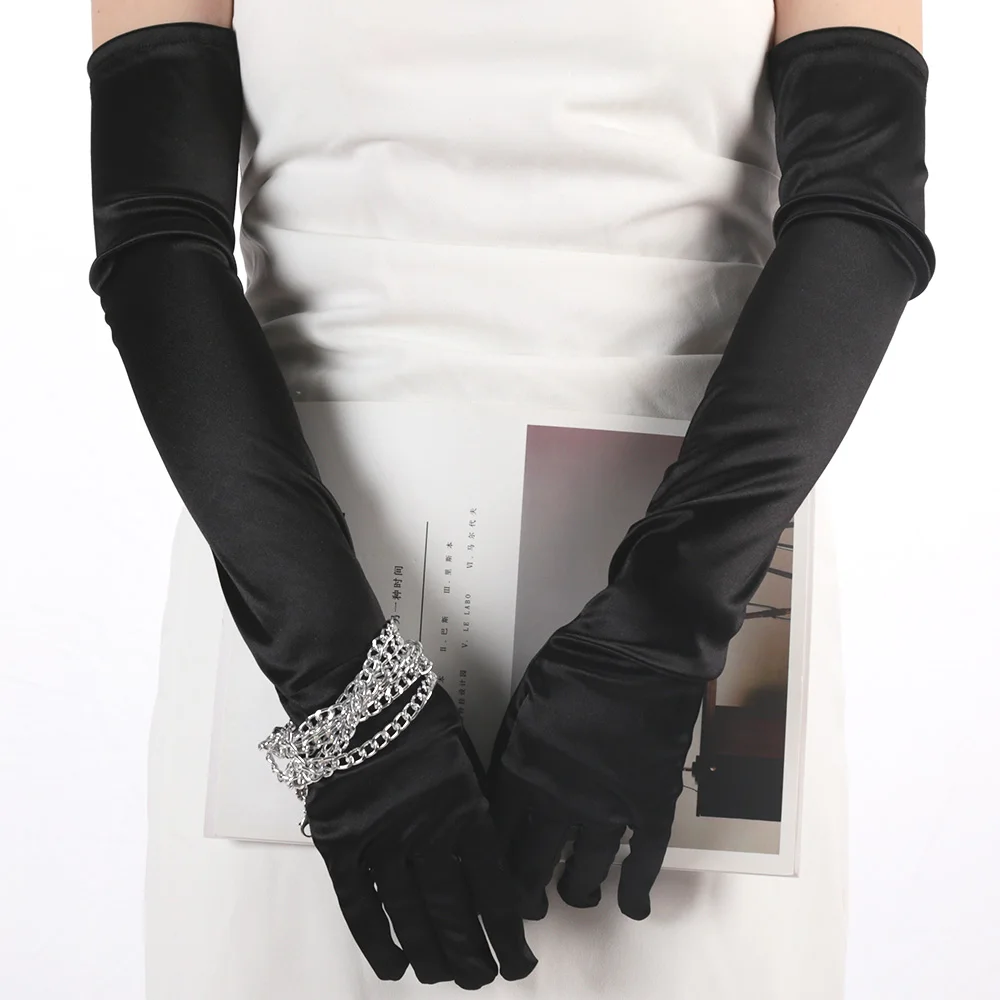 

Классические длинные перчатки для взрослых, Стрейчевые атласные вечерние перчатки с пальцами для оперы, локтя, запястья, 1 пара