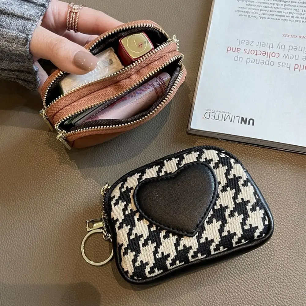 

Canvas Short Style Wallet Printing Pu Leather Square Coin Purse Change Purse Card Holder Houndstooth Zipper Purse Outdoor