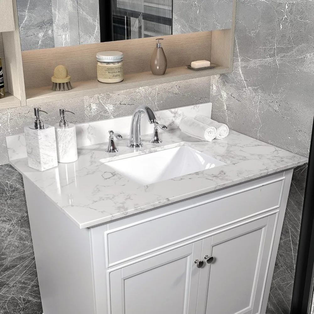 31 Inch Marble Vanity Top with Undermounted Rectangular Ceramic Sink & Backsplash, Engineered Stone Countertop Vanity Sink Top 5
