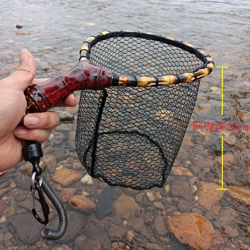 Pure Handmade Wooden handle Fly Fishing Hand Net Small Net Fly Fishing Stream Portable Bamboo Ware