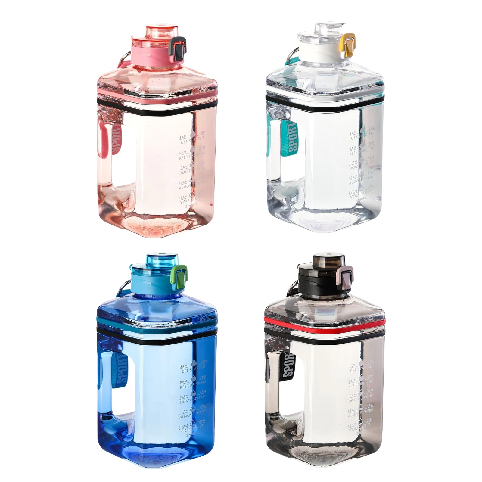 Sport Water Bottle 2.2L Motivate Square Water Jugs Portable Transparent Fitness Cup Drinking Kettle With Straps Handles BPA Free