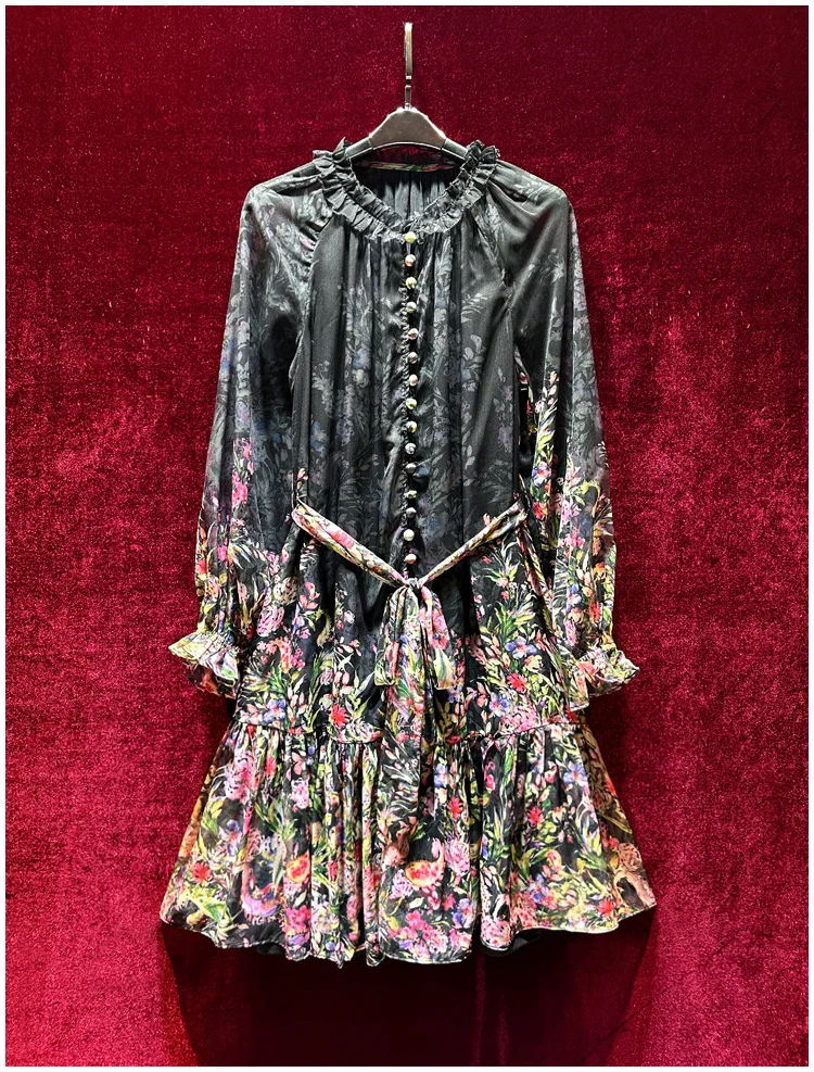 

European and American women's clothes 2024 spring new Flared sleeve long sleeve floral print belt Fashion pleated dress XXL