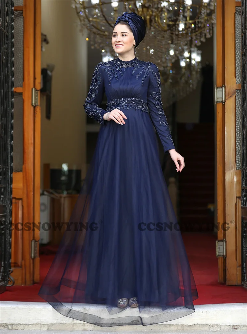 

Muslim Tulle Appliques Beaded Evening Dress Long Sleeve Hijab Formal Party Gown High Neck Arabia Dubai Islamic Robes De Soirée