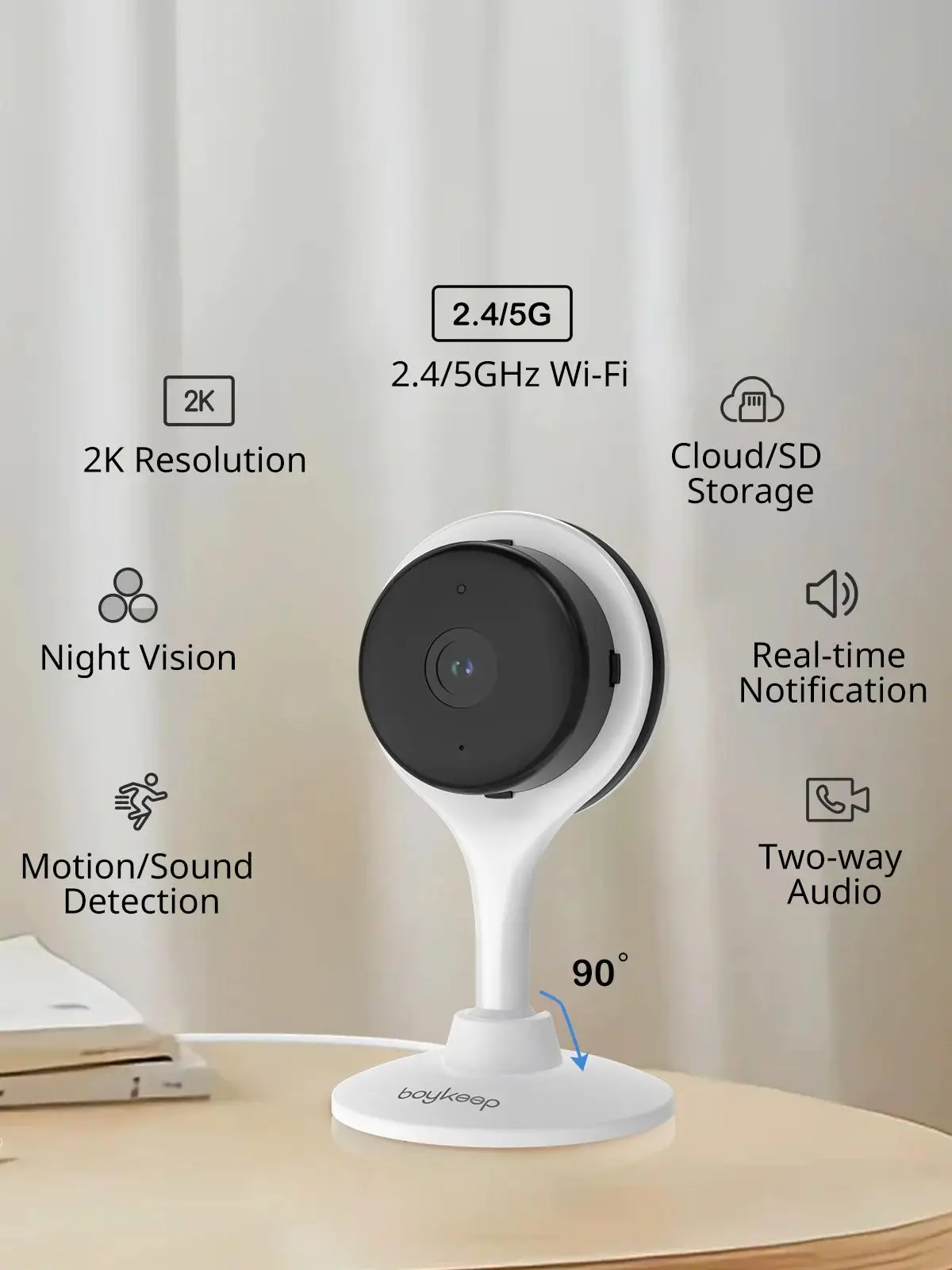 Boykeep 2K 5G/2.4GHz Wi-Fi 屋内セキュリティカメラ、電話アプリ付き