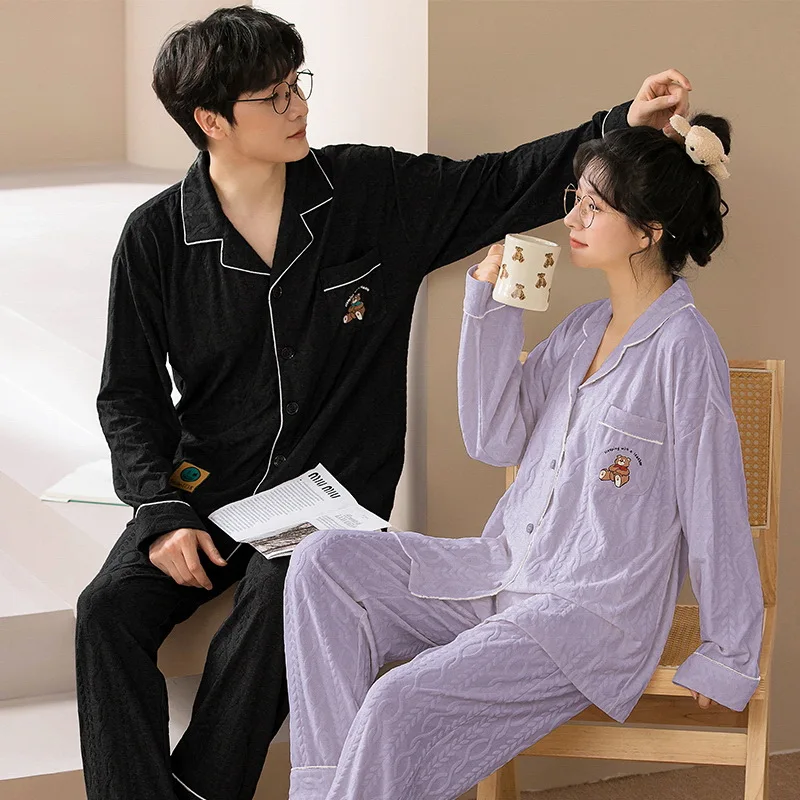 Korean Fashion Men's Cotton Sleepwear Autumn Women's Nightwear Cardigan Pjs Home Clothes Male Female Pajamas for Couple pyjamas