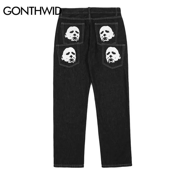 Hip Hop Gothic Denim Pants Streetwear Mens Graphic Print Baggy Punk Rock Jeans 2022 Harajuku Casual Loose Jean Trousers Black 4