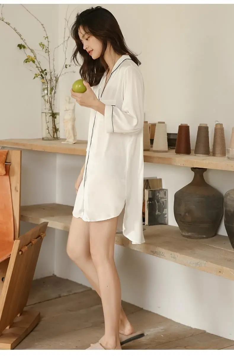 PJ Shirtdress    Women‘s pajama Sleepshirts Comfortable Summer Simple Loose womens plus size sleepshirt Turn-down Collar Elegant Solid Leisure Trendy Design Pocket Shirts Sleepwear for woman in white