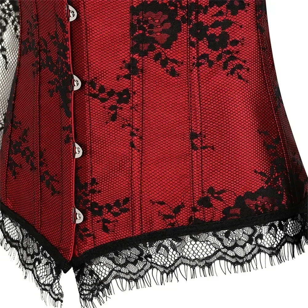 Women's Lace Long Sleeves Waist Bustier Top Gothic Victorian Overbust Corset Vintage Basques Off Shoulder Corselet Party Costume