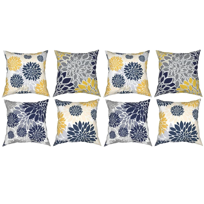 

8X Throw Pillow Covers 18X18 Inch Navy Blue Gold Oversized Flower Geometry Square Pillow Cushion Cases