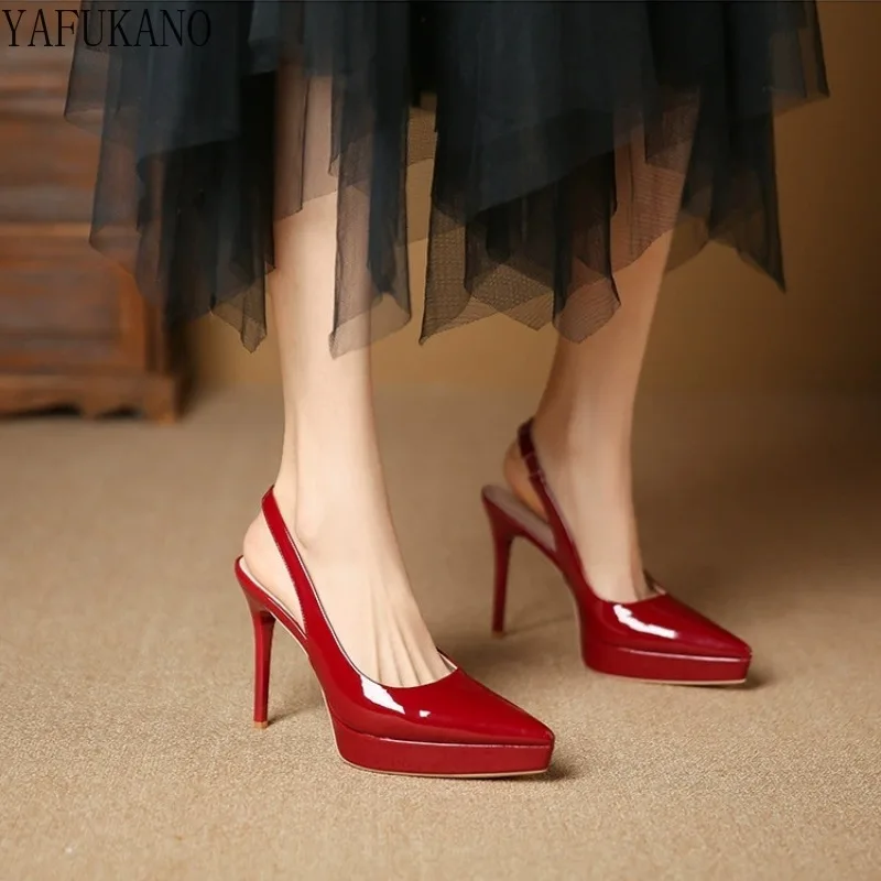 Temperament Red Pointed Toe Patent Leather High Heels Womens Summer New Thin Heel Platform Sandals Fashion Slingbacks Girl Pumps