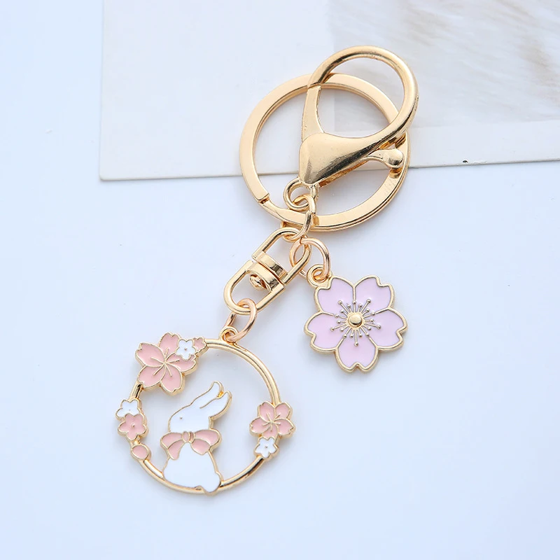 Pink Rabbit Flower Metal Keychain Jewelry Pendant Ornament Charm Alloy Key Chain for Women Girl Gift Accessories