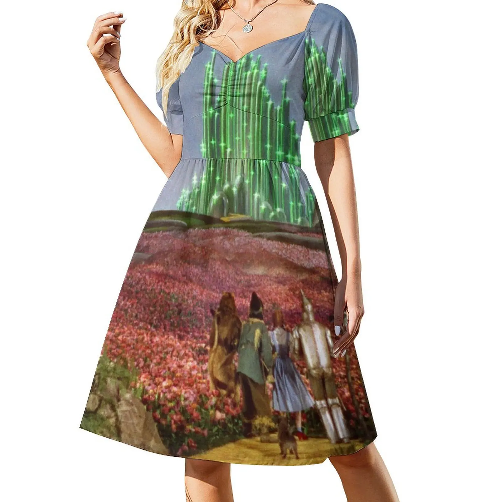thumbnail image 1 of Vestido de manga corta con paisaje de ciudad esmeralda Cóctel de vestidos vestido mujer verano, 1 of 7