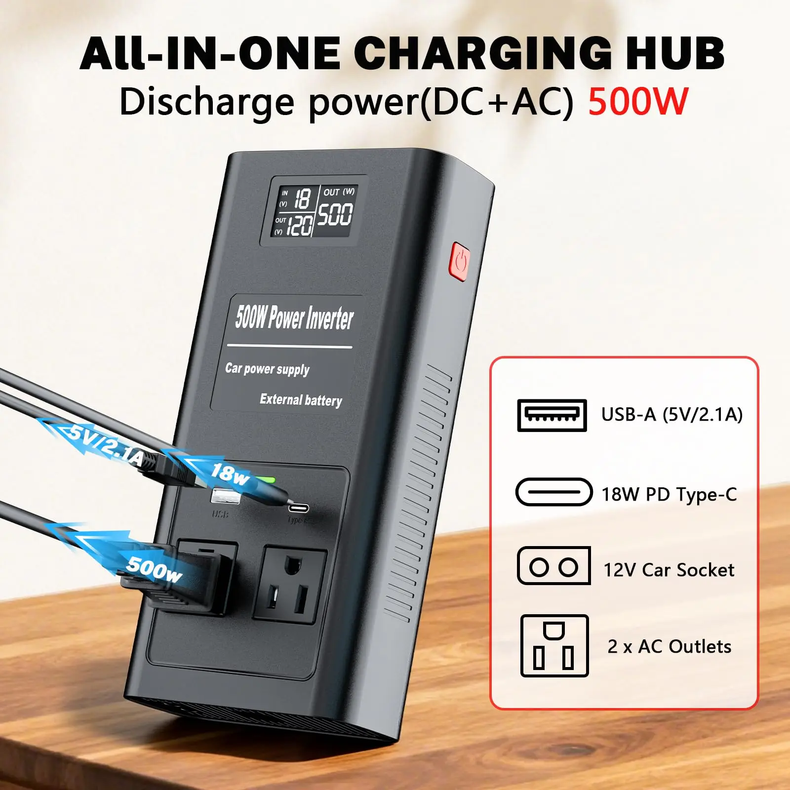 2 in 1 500W Power Inverter Battery Charger Compatible with Dewalt 20V Battery Ge