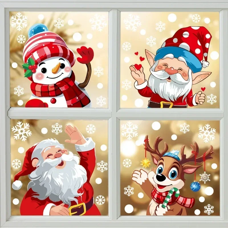 Christmas Window Glass Films Static Cling Stickers Cartoon Santa Claus Xmas Wreath Gingerbread Man Happy New Year Sticker