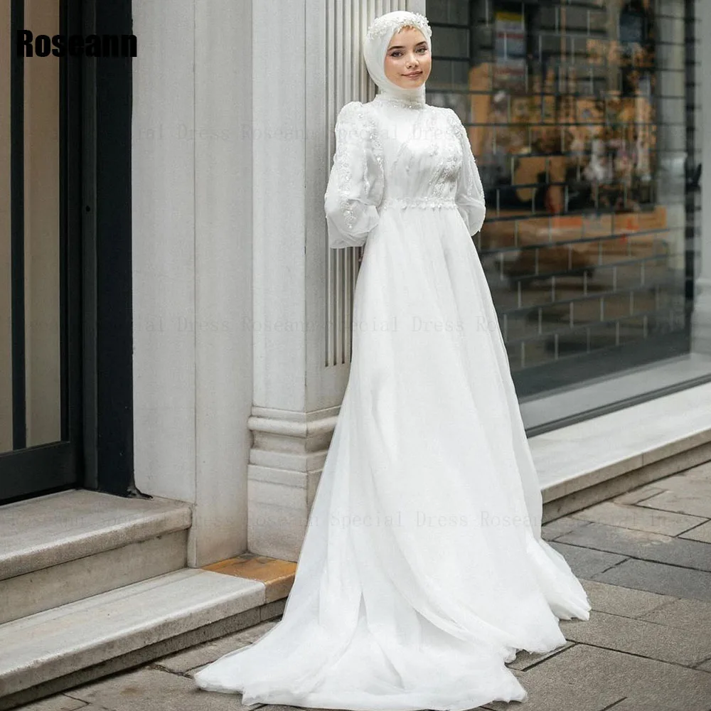 Muslim 2024 Ivory A-line Wedding Dresses Applique Flowers Draped Pleat Brush Train Satin Bride Gown Floor Length robe de mariée 4