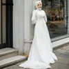 Muslim 2024 Ivory A-line Wedding Dresses Applique Flowers Draped Pleat Brush Train Satin Bride Gown Floor Length robe de mariée 4