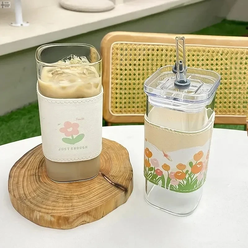 Heat Resistant Coffee Glass Cup Square With Lid and Straw Transparent Milk Tea Juice Cups For Home Bar Drinkware