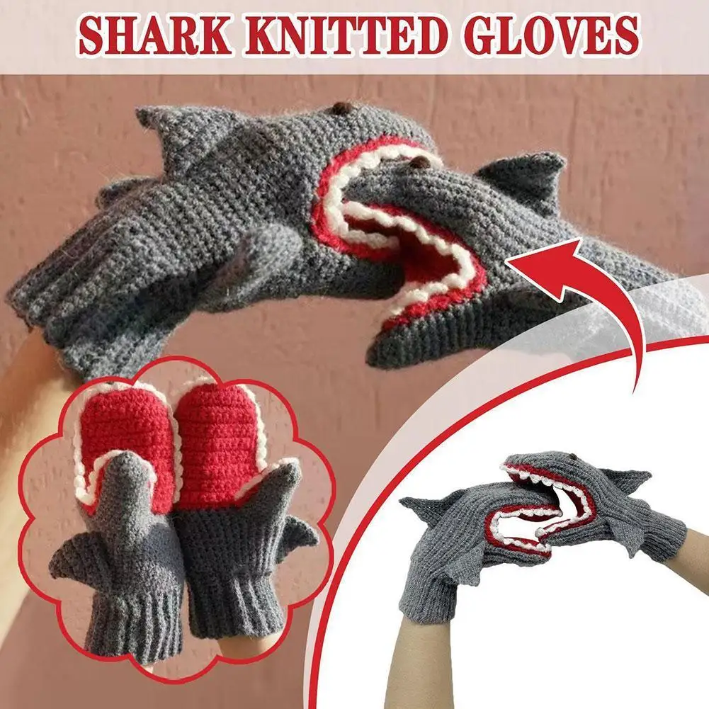 

Winter Cartoon Shark Biting Hand Gloves Warm Crochet Knitted Full/Half Finger Shark Mittens Fingerless Gloves For Christmas Gift