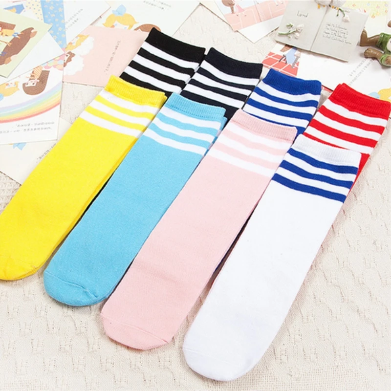 Knee High Socks Children Girls Boys Football Stripes Cotton Athletic Sports White Long Tube Mid-Calf