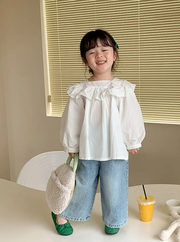 단색 루즈한 어린이 청바지, 데님 와이드 레그 팬츠, 소녀 루즈한 캐주얼 원 단추 데님 팬츠, 2024 가을 패션