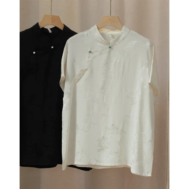 

Женский Шелковый жаккардовый пуловер в китайском стиле, Свободный Тонкий Топ с коротким рукавом и косым воротником-стойкой спереди