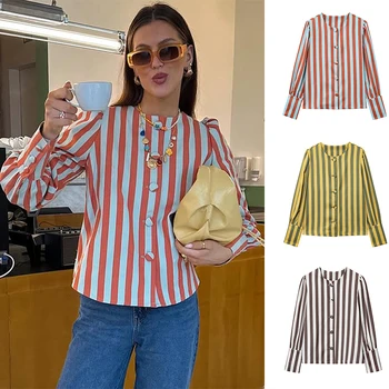 SLTNX New Women's Chic Blouse Loose Stripe Printed Shirt O-neck Bubble Sleeve Single-breasted Simple Casual Blouse 1