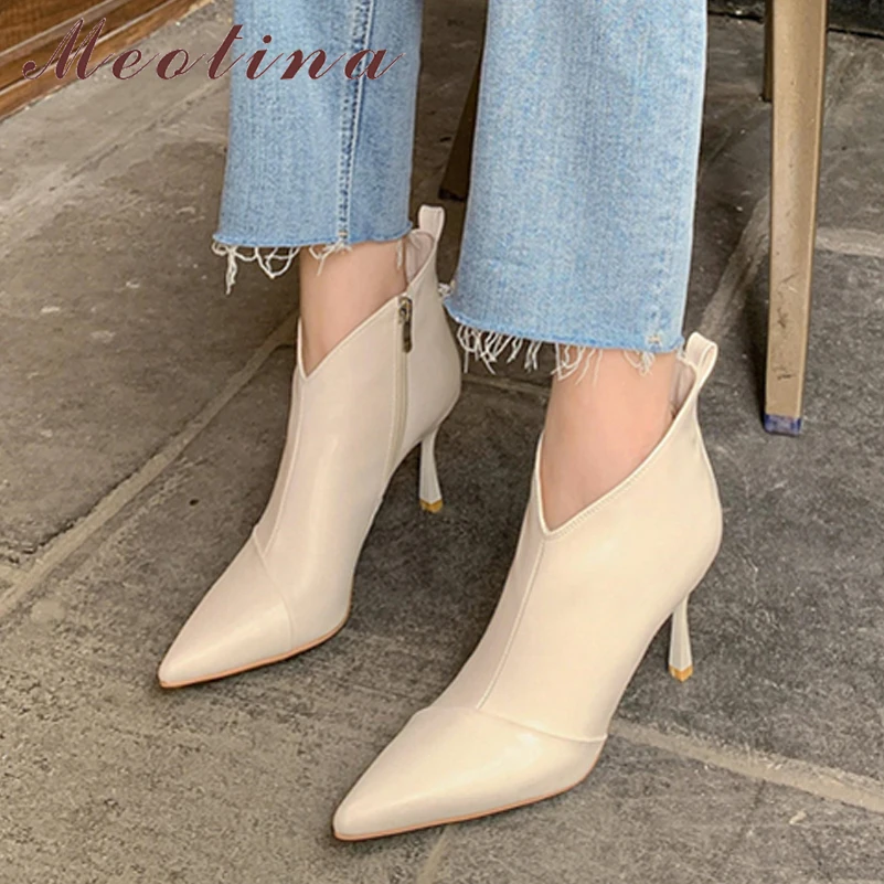 

Meotina Women Genuine Leather Ankle Boots Pointed Toe High Heel Zipper Strange Style Ladies Short Boot Autumn Winter Shoes White