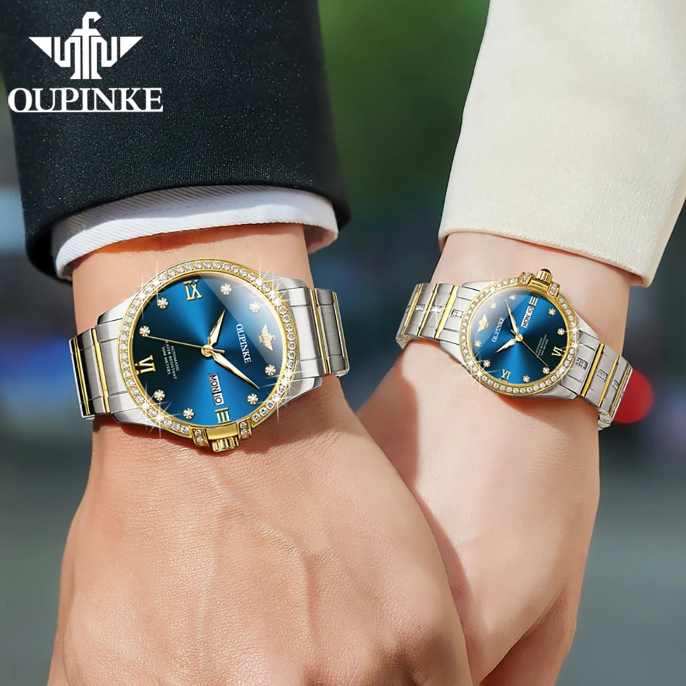OUPINKE 3195 Automatic Watch Luxury Mechanical Couple Watch Auto Date Diamond Scale Dress Wristwatch Waterproof Luminous Clock