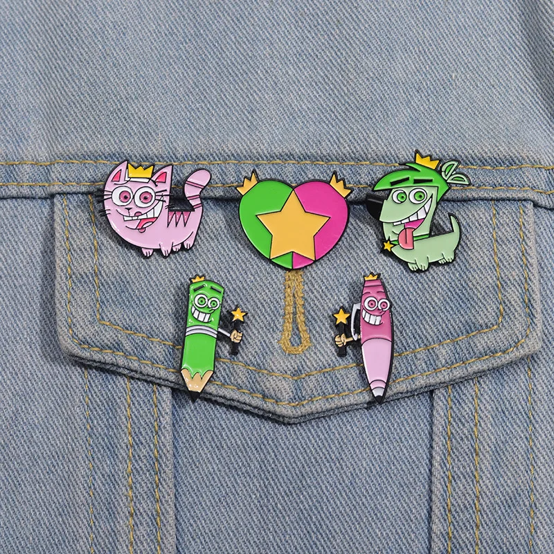 Comedy Animation Fairly Oddparents Enamel Pins Cute Cartoon Timmy Cosmo and Wanda Poof Metal Brooch Badge Backpack Accessory Gif