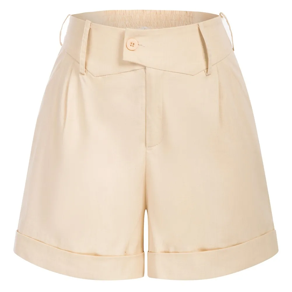 BP Women High Waist Shorts With Pockets Fold-up Leg Opening Cotton Short Pants Zip-up Causal Office Lady Daily Pants Streetwear