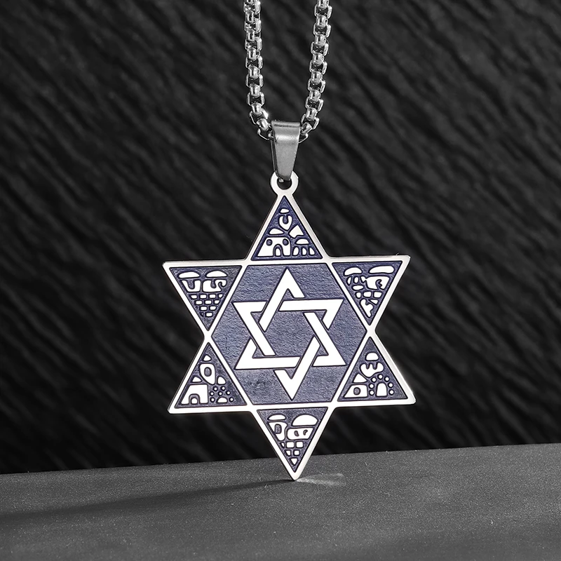 שרשרת גברים מגן דוד כחול עם שרשרת באורך 60 ס״מ