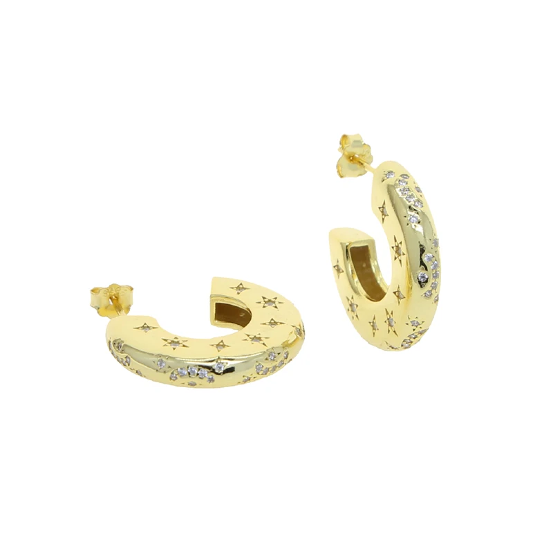 Gold Plated 925 Sterling Silver Circle Hoop Earring Engraved CZ