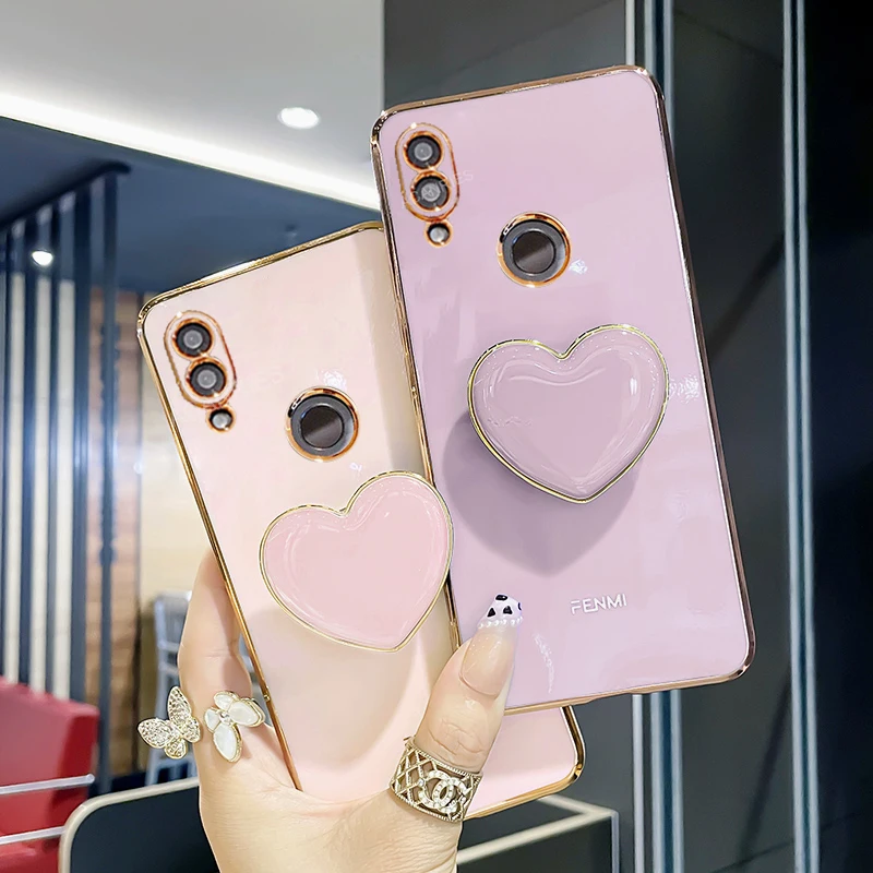 Luxury Plating Love Heart Phone Holder Case - Soft Silicone Stand Cover