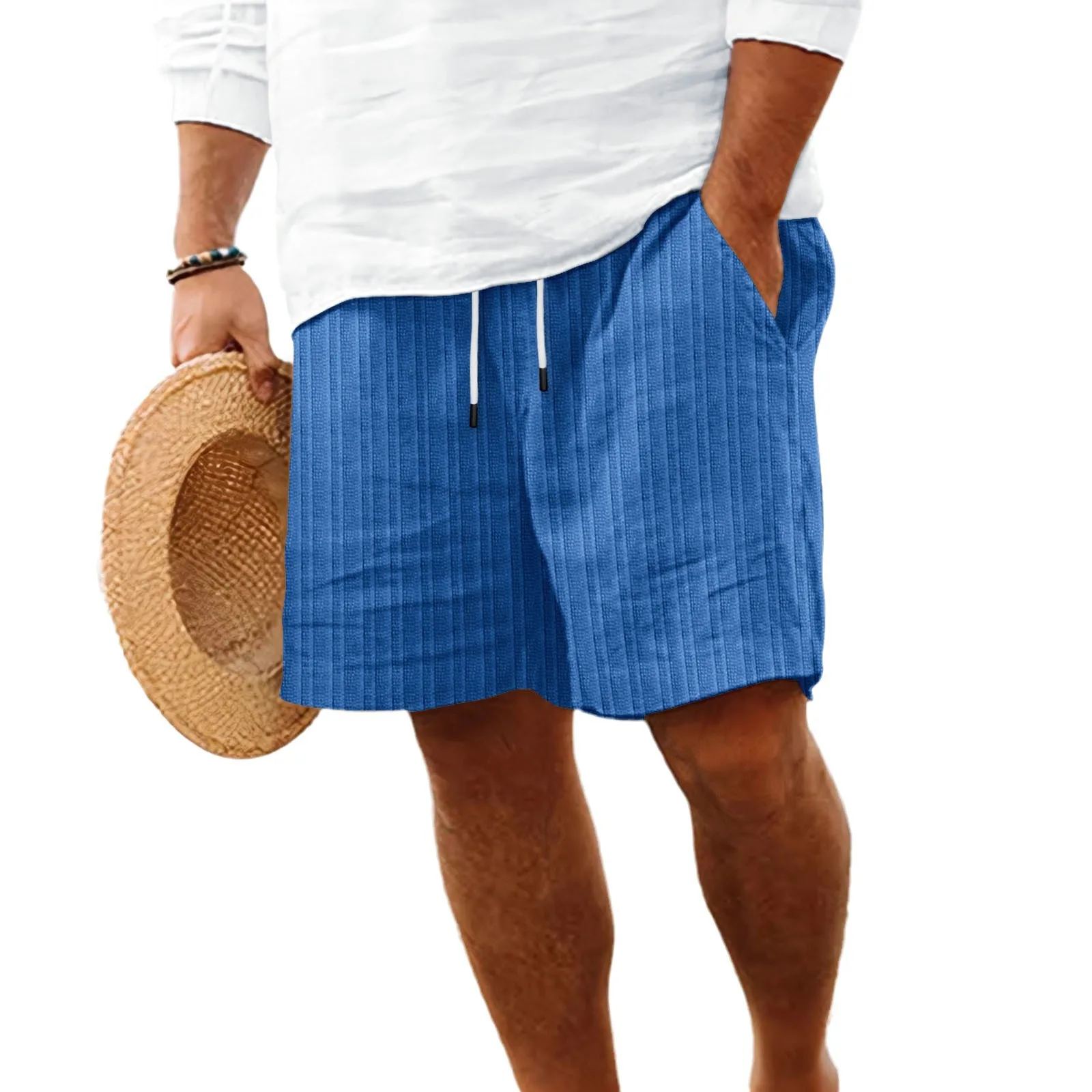 2024 Men's Summer Shorts New Cotton And Linen Comfortable Striped Multi-Pocket Casual Hawaiian Beach Shorts 4