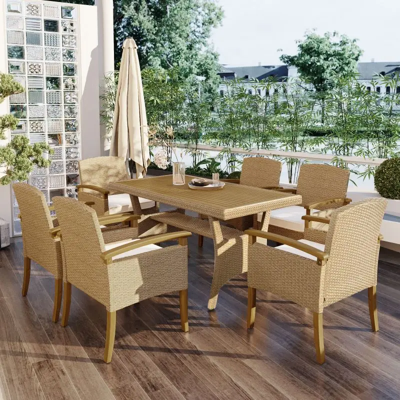 Outdoor Patio 7-Piece Dining Table Set All Weather PE Rattan Dining Set with Wood Tabletop and Cushions for garden waterproof 5 piece patio dining set gray solid acacia wood