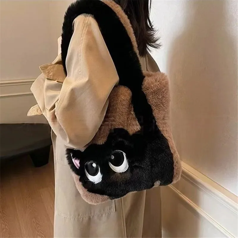 Cute Cartoon Women's Bag Color Contrast Embroidery Cat Pattern Tote Bag Commuter Rabbit Hair Plush Handbag Women's Shoulder Bag