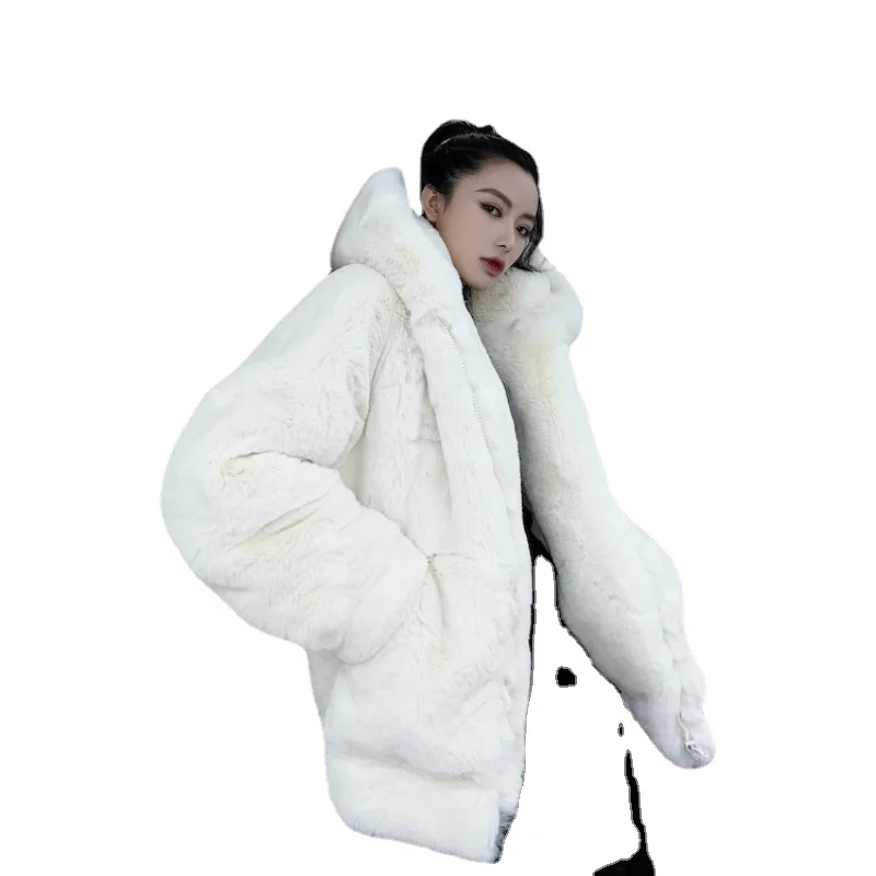 

Korean Version of Loose Fur Fur Coat Female Winter New Thick Hoodie Coat Imitation Rex Rabbit in Long Winter Coat Women Coat