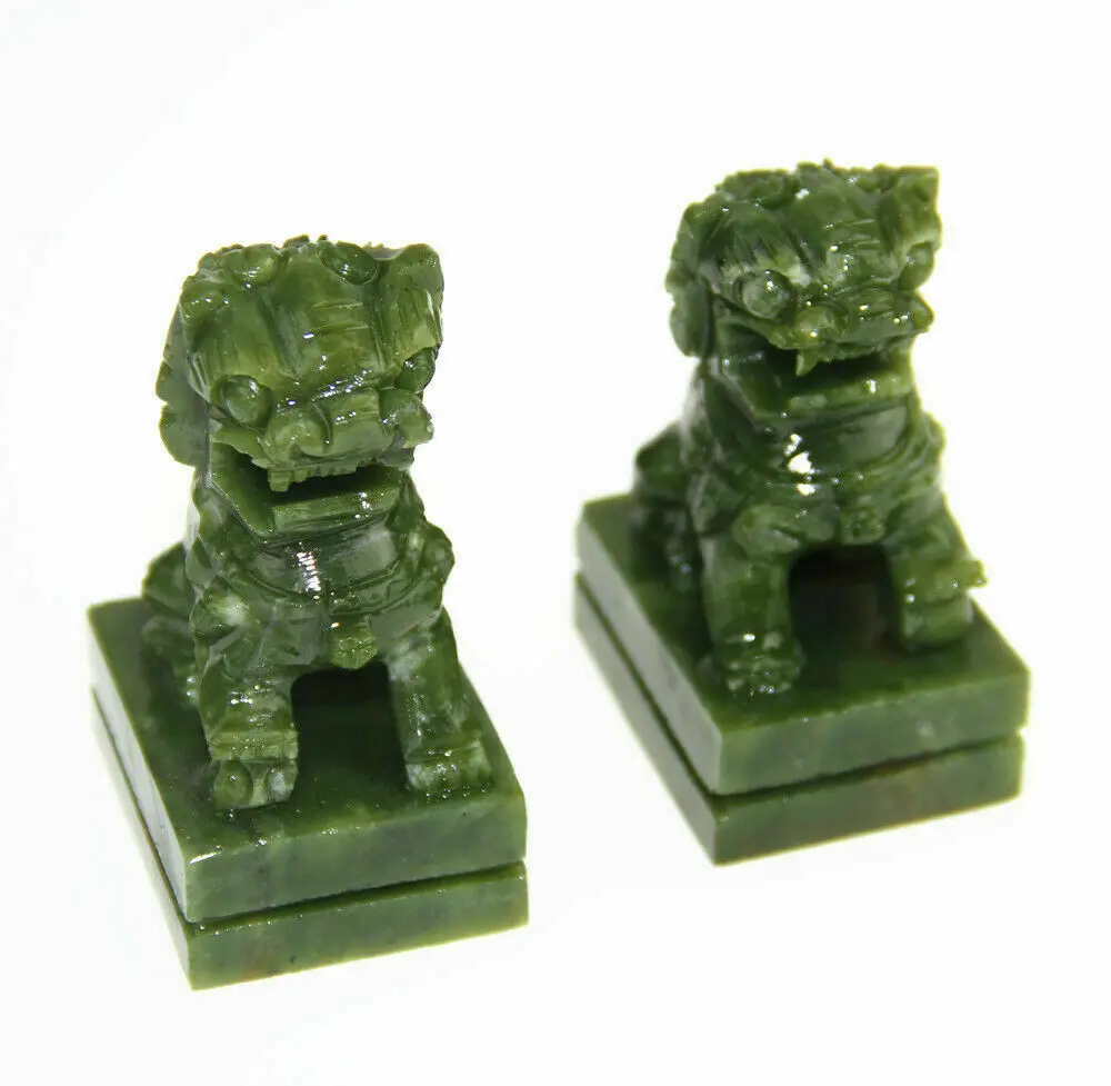 Una Coppia Natural China Green Jade Intagliato Fengshui Foo Fu Dog Guard Door Lion